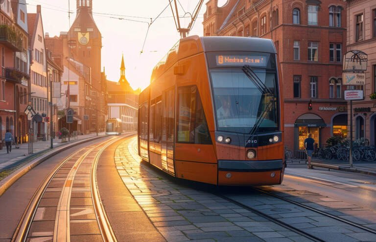 Tram moving through a historic city center